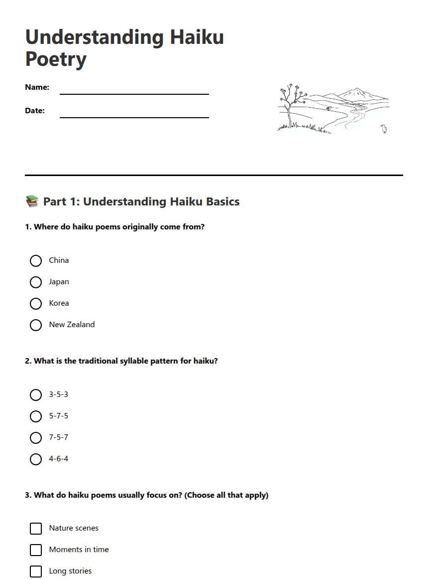 Understanding Haiku Poetry worksheet preview