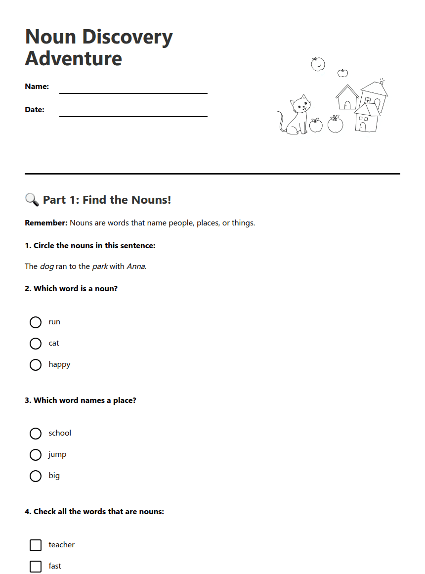Noun Discovery Adventure worksheet preview