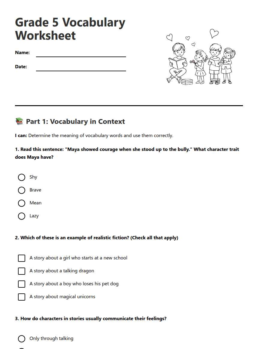 Grade 5 Vocabulary Worksheet worksheet preview