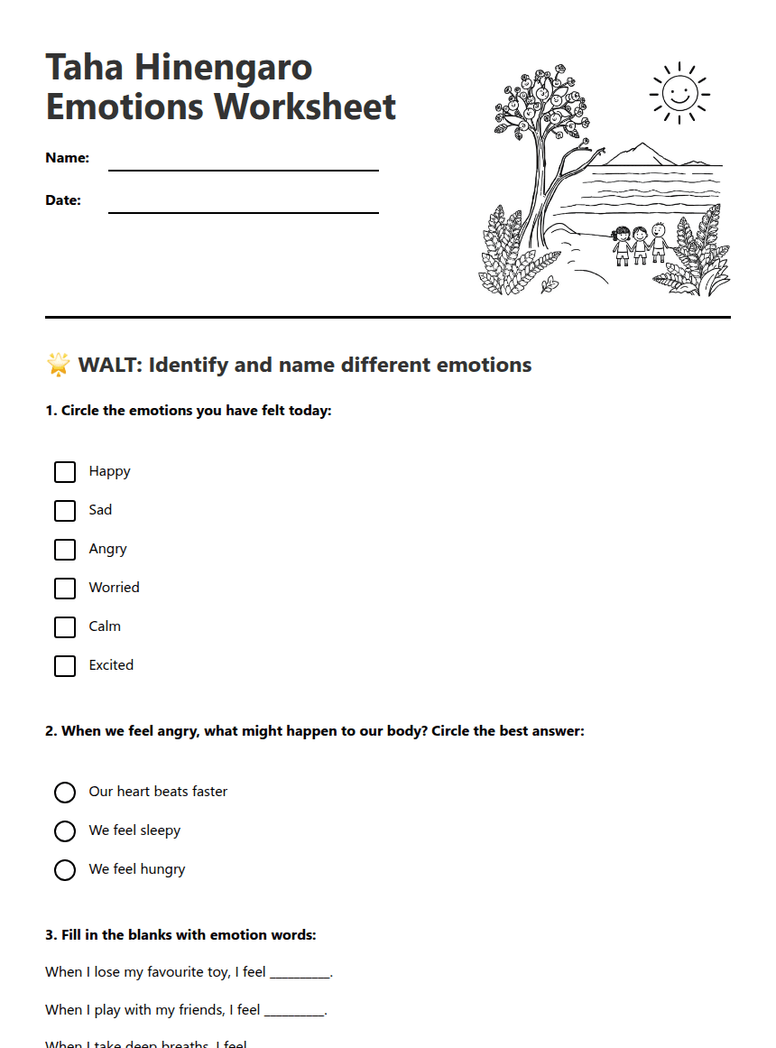 Taha Hinengaro Emotions Worksheet worksheet preview