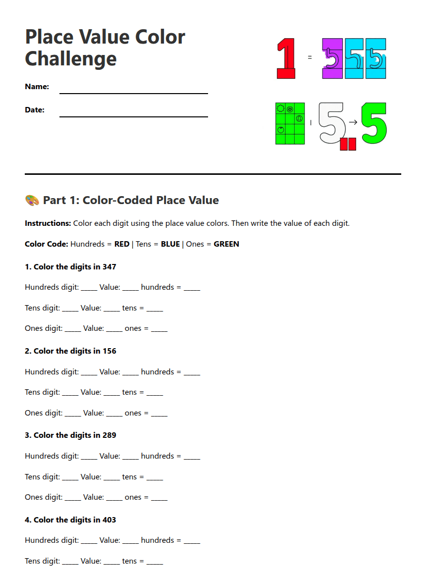 Place Value Color Challenge worksheet preview