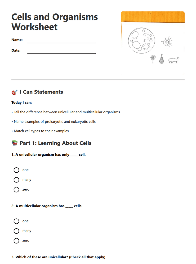 Cells and Organisms Worksheet