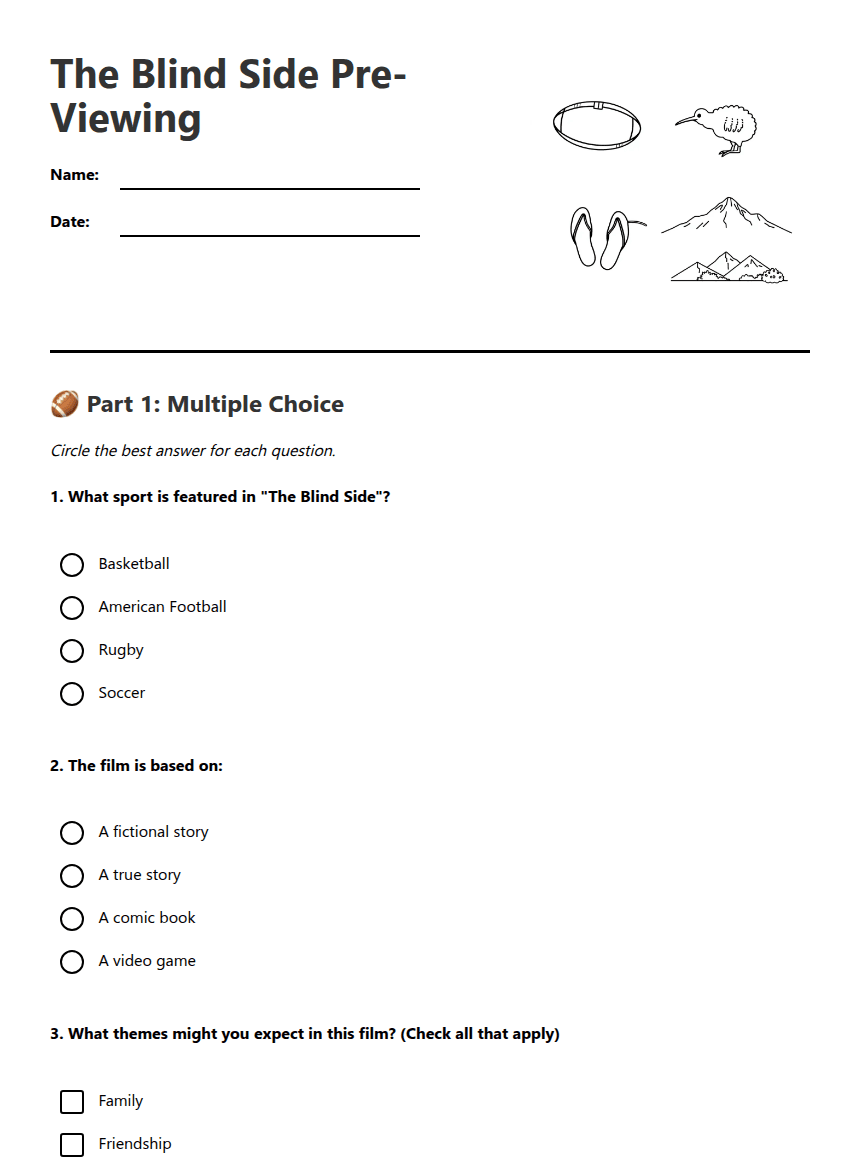 The Blind Side Pre-Viewing worksheet preview