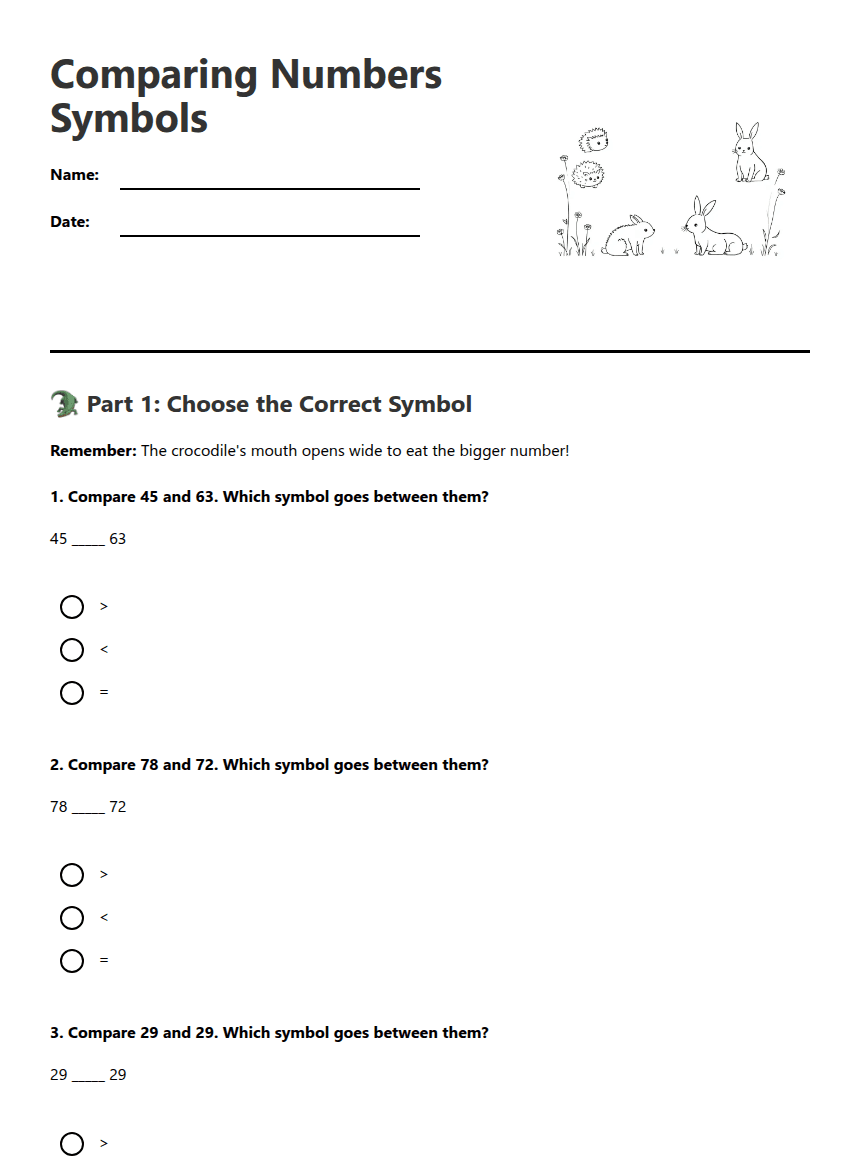 Comparing Numbers Symbols worksheet preview