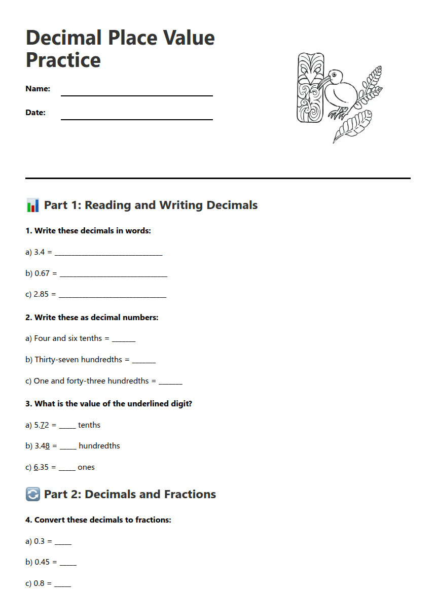 Decimal Place Value Practice worksheet preview