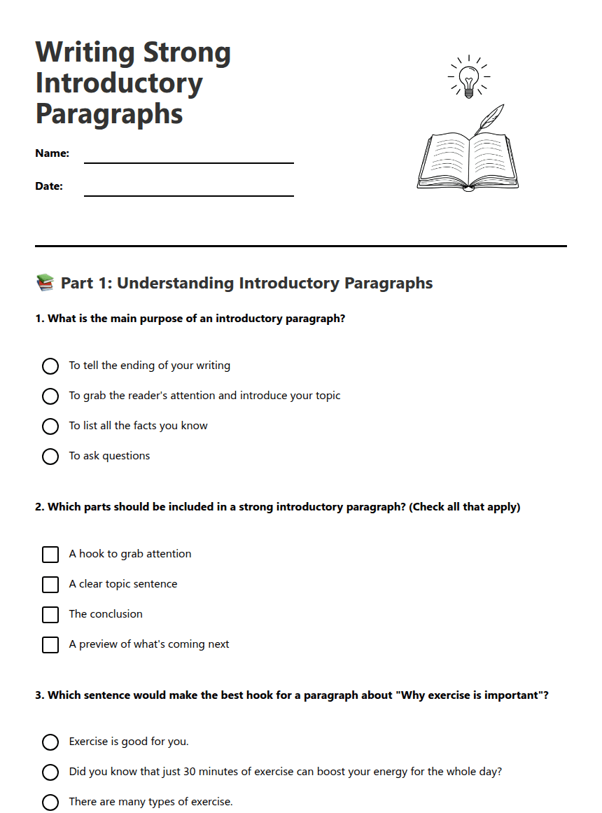 Writing Strong Introductory Paragraphs worksheet preview