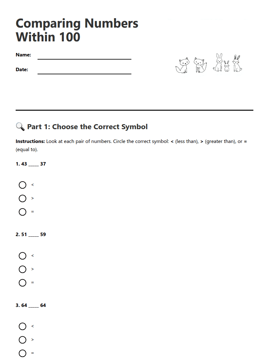 Comparing Numbers Within 100 worksheet preview
