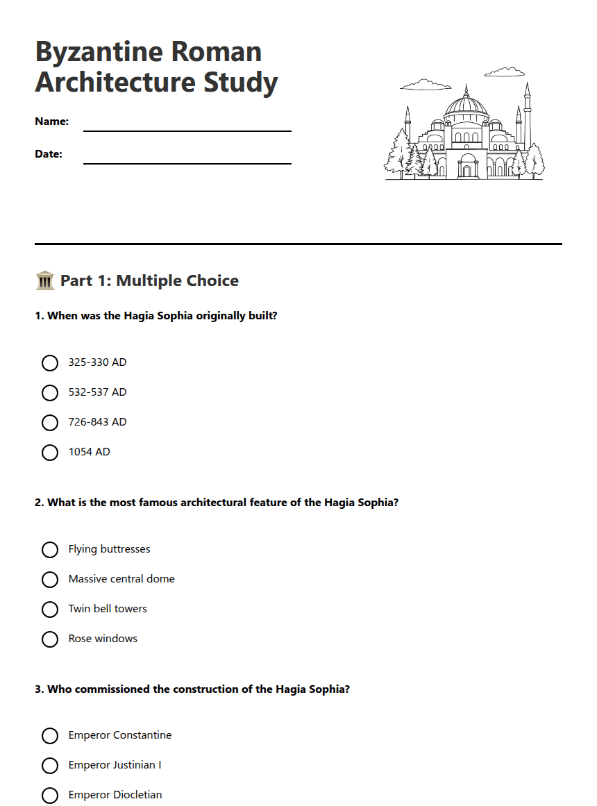Byzantine Roman Architecture Study worksheet preview