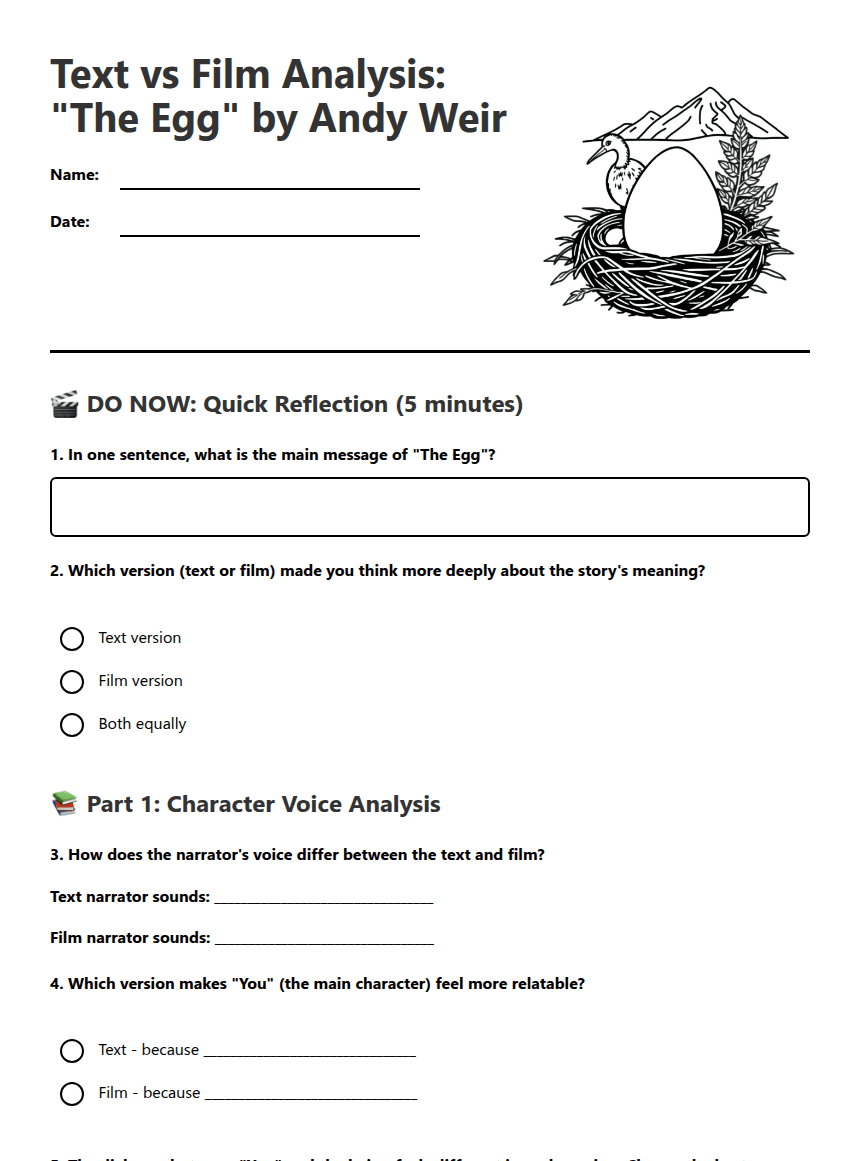 Text vs Film Analysis worksheet preview