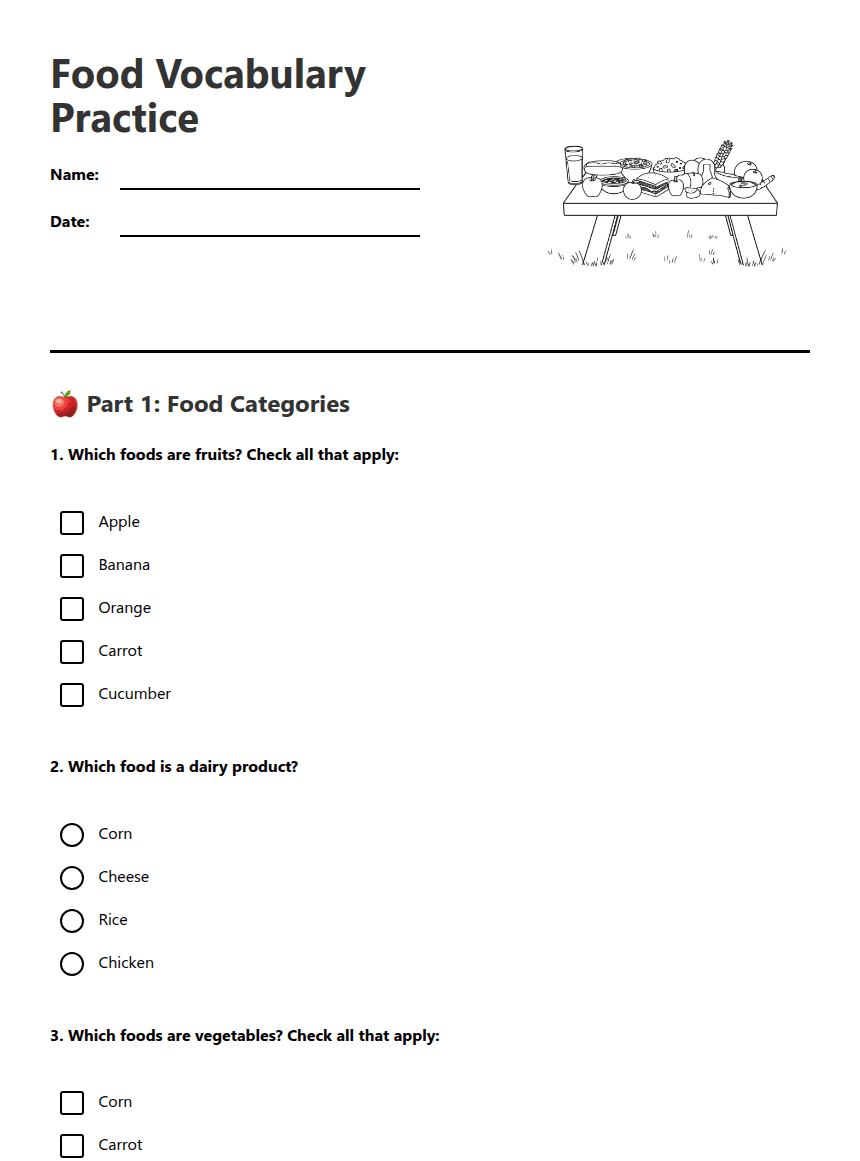 Food Vocabulary Practice worksheet preview