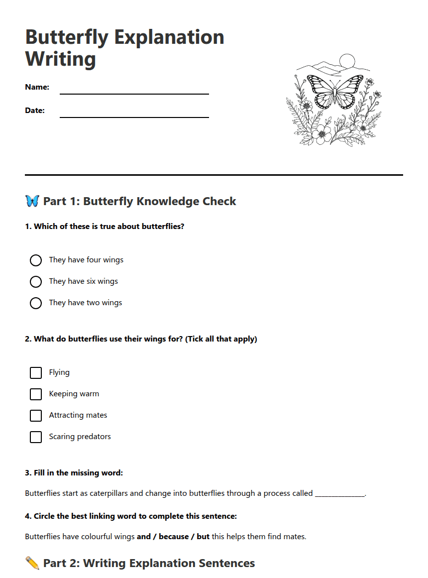 Butterfly Explanation Writing worksheet preview