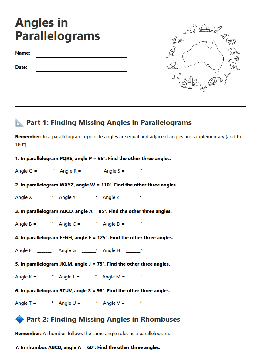 Angles in Parallelograms worksheet preview