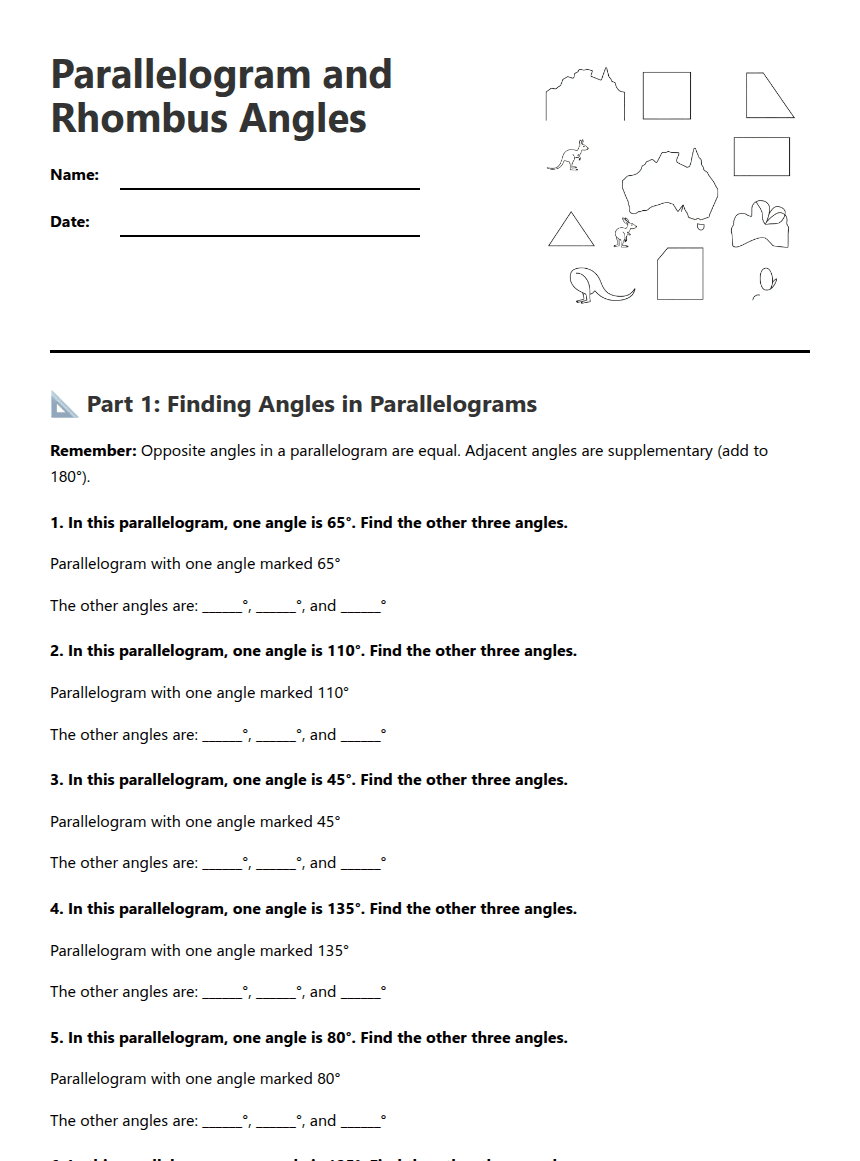 Parallelogram and Rhombus Angles worksheet preview