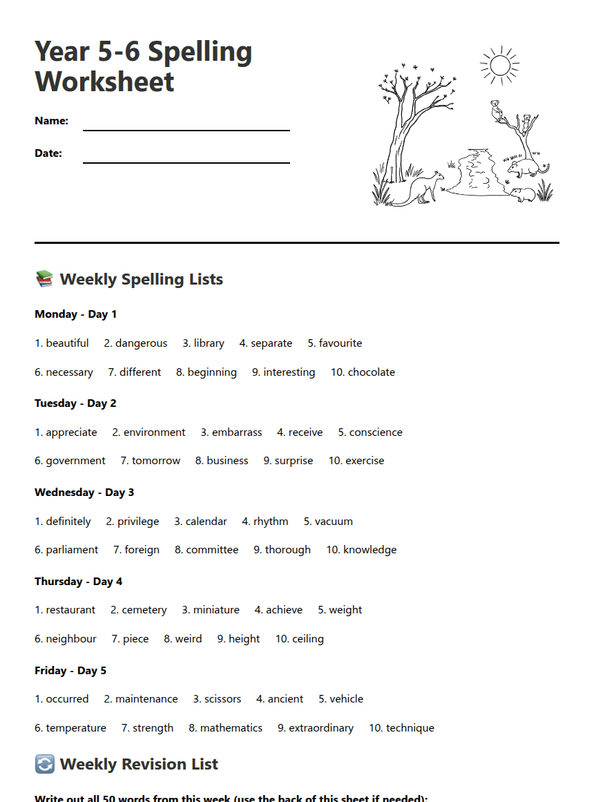 Year 5-6 Spelling Worksheet worksheet preview