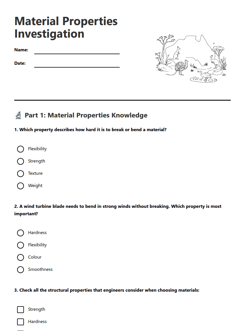 Material Properties Investigation worksheet preview