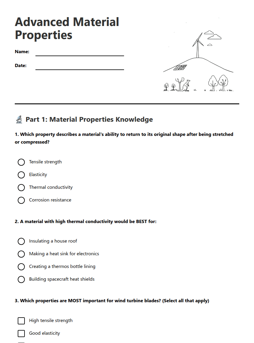 Advanced Material Properties worksheet preview