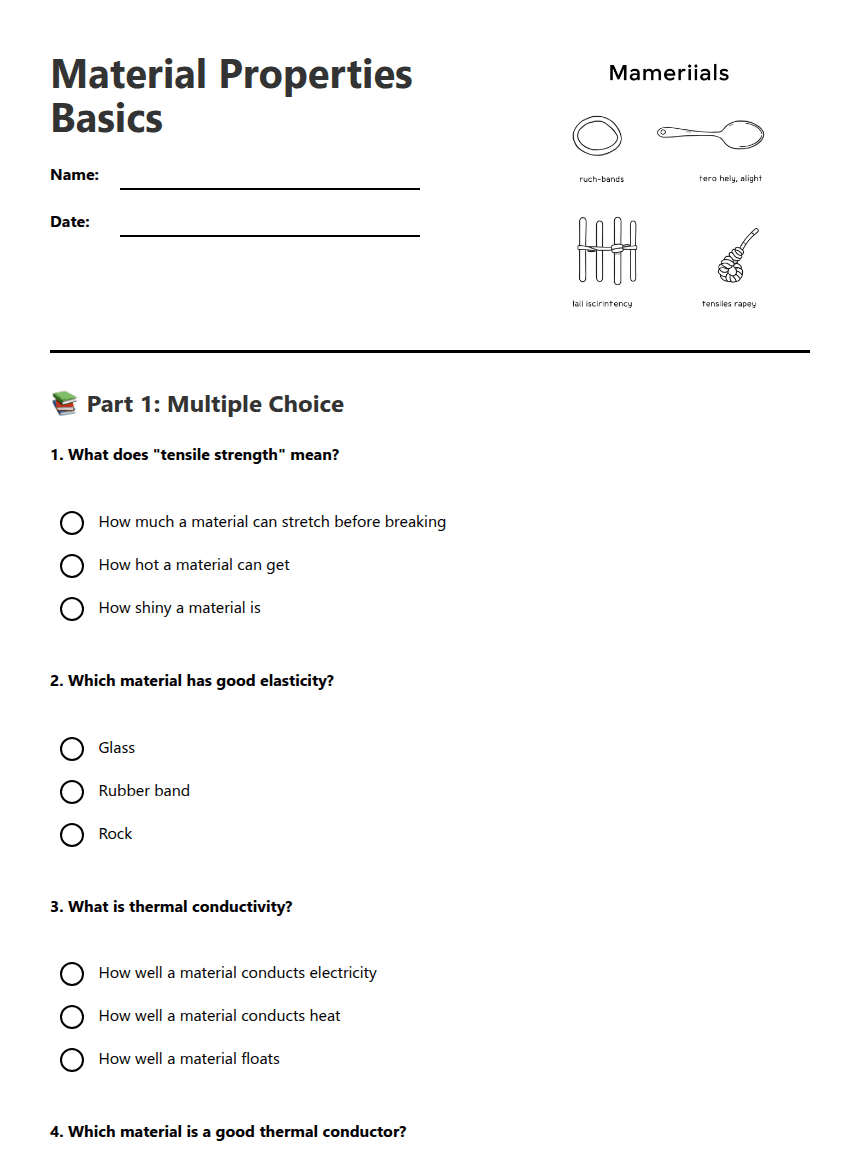 Material Properties Basics worksheet preview