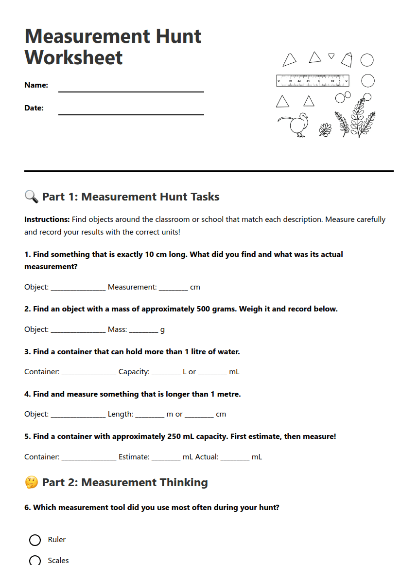 Measurement Hunt Worksheet worksheet preview