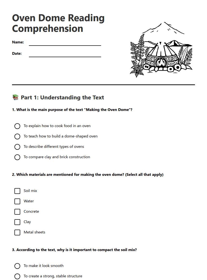 Oven Dome Reading Comprehension worksheet preview