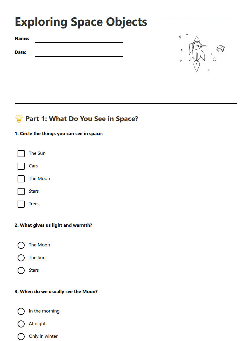 Exploring Space Objects worksheet preview