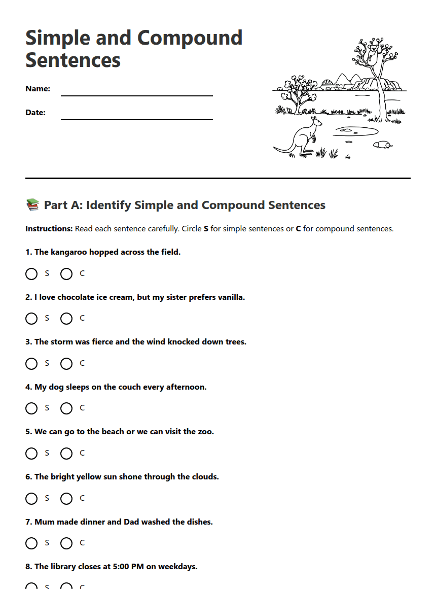 Simple and Compound Sentences worksheet preview