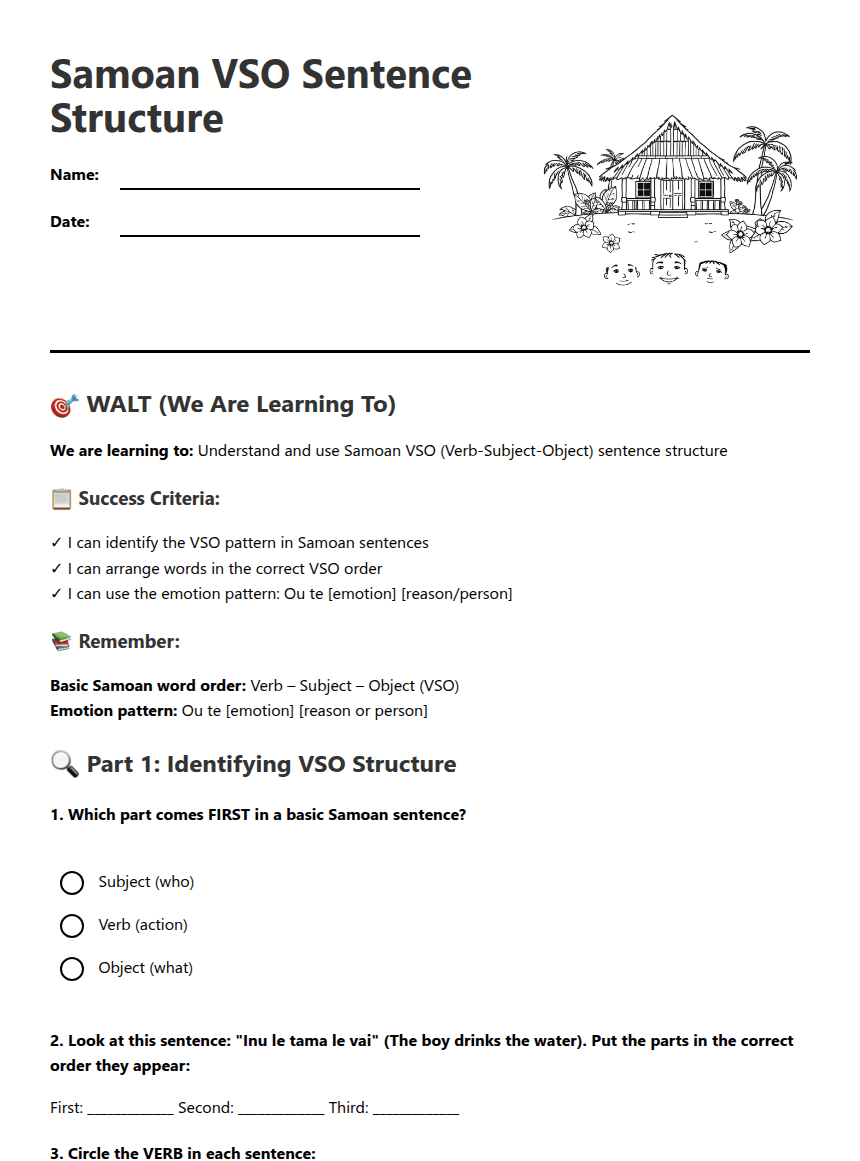 Samoan VSO Sentence Structure worksheet preview