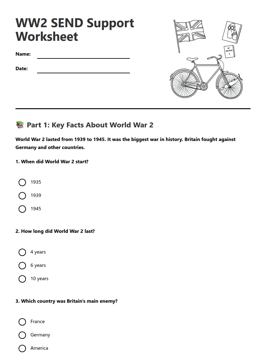WW2 SEND Support Worksheet worksheet preview