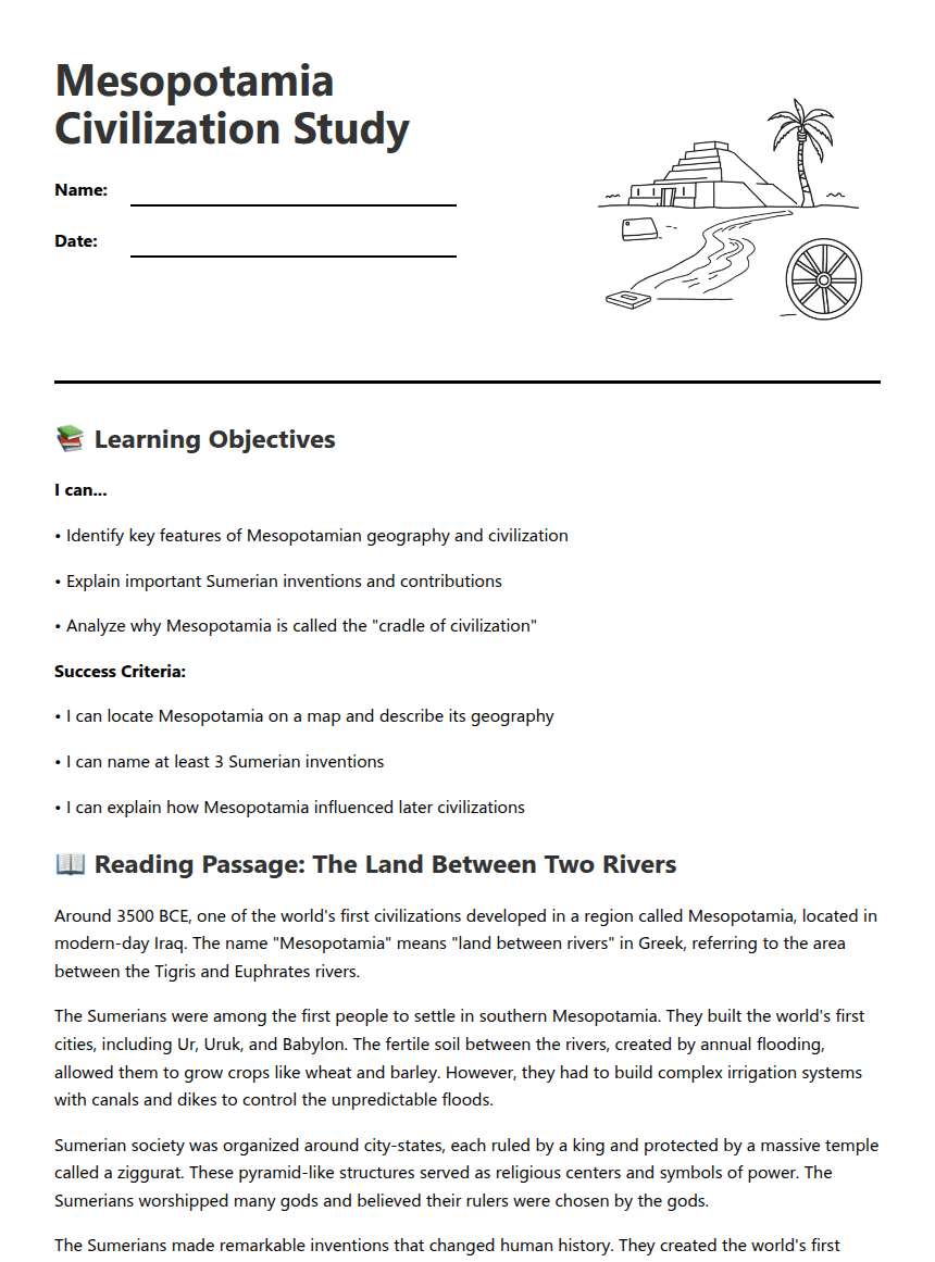 Mesopotamia Civilization Study worksheet preview