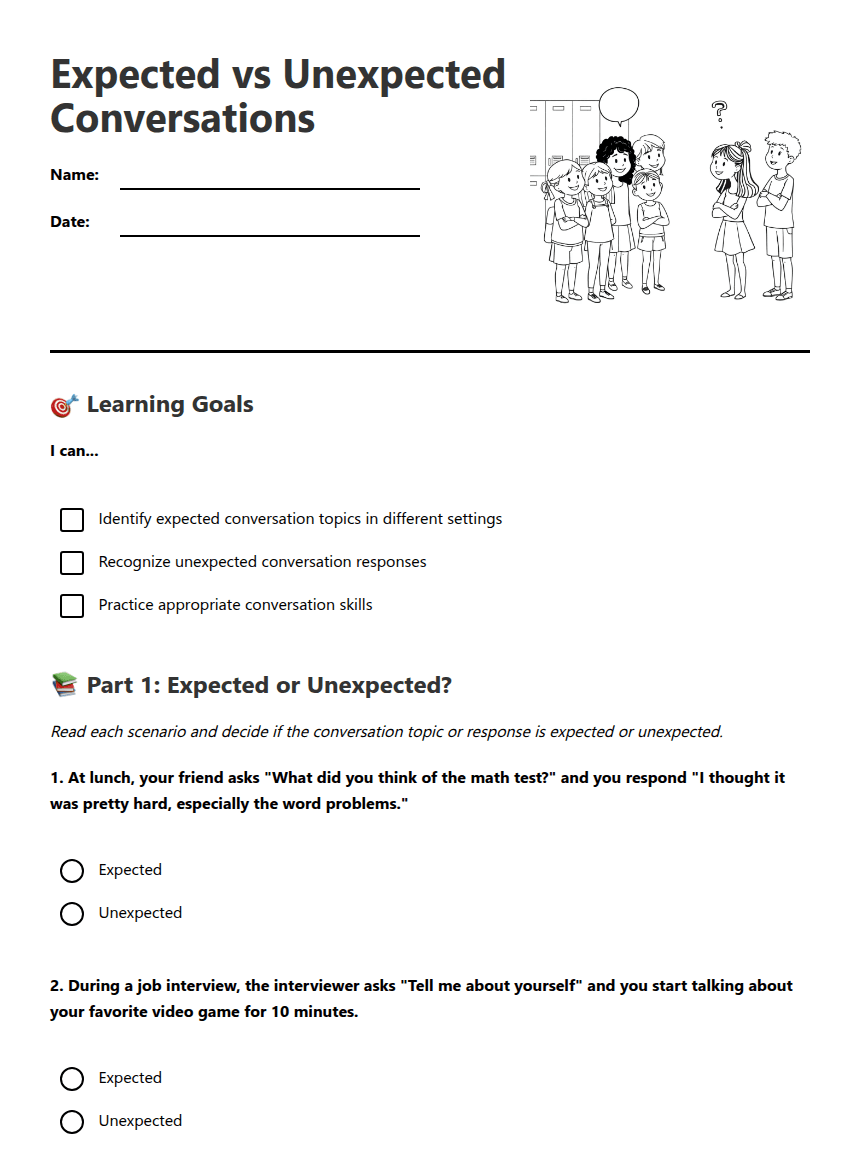 Expected vs Unexpected Conversations worksheet preview