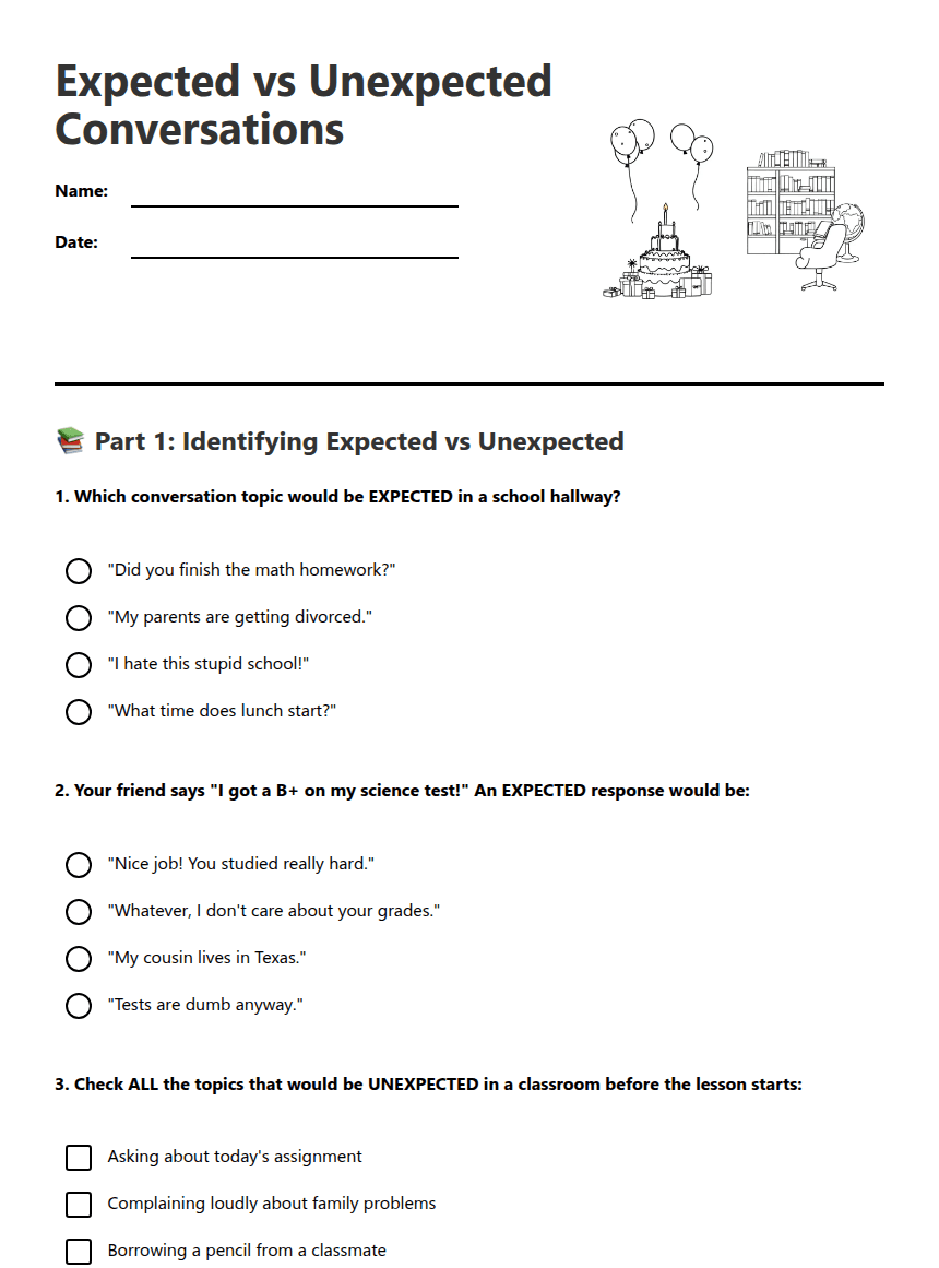 Expected vs Unexpected Conversations worksheet preview