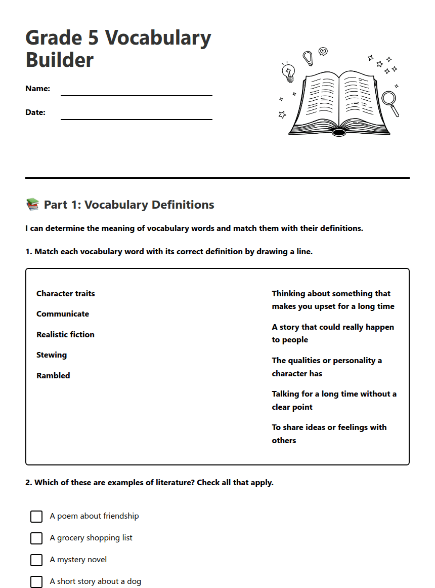 Grade 5 Vocabulary Builder worksheet preview