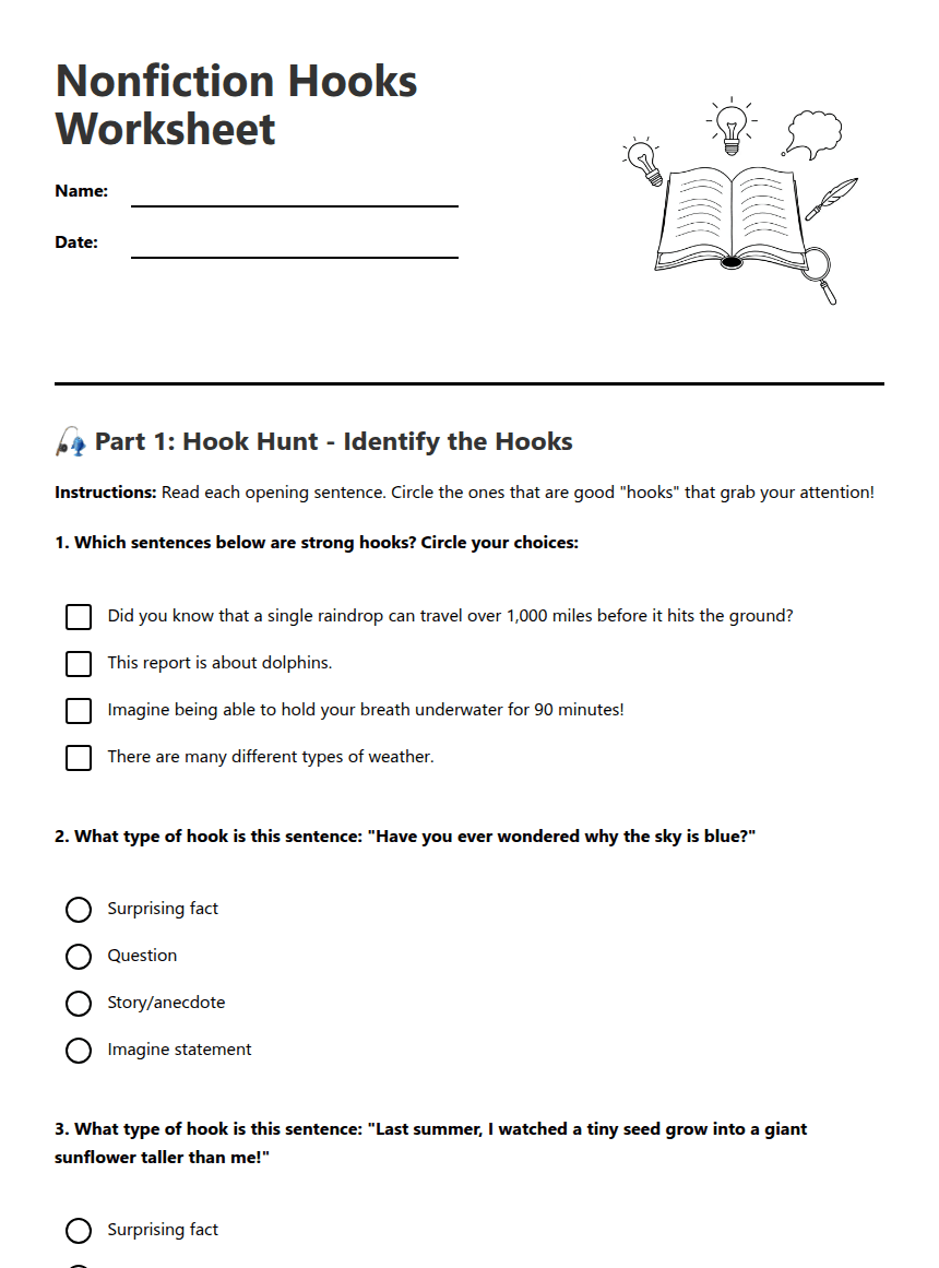 Nonfiction Hooks Worksheet worksheet preview
