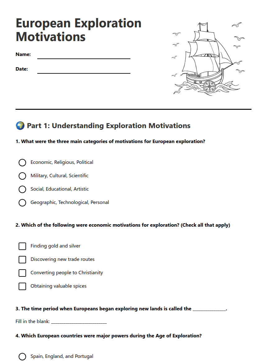 European Exploration Motivations worksheet preview