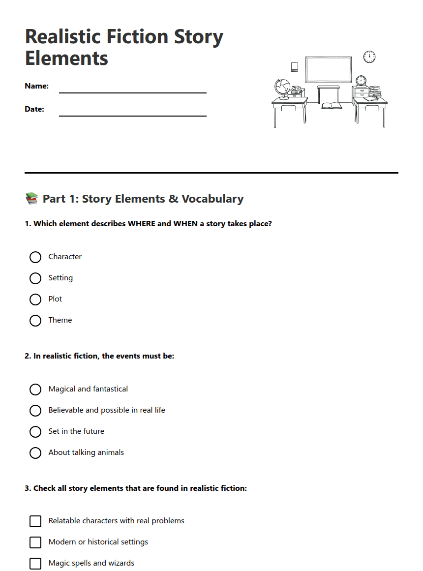 Realistic Fiction Story Elements worksheet preview
