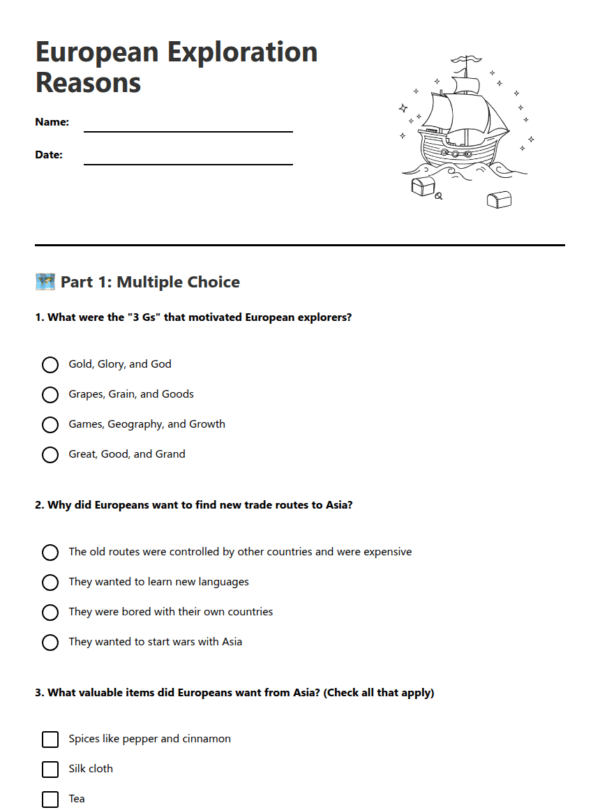 European Exploration Reasons worksheet preview