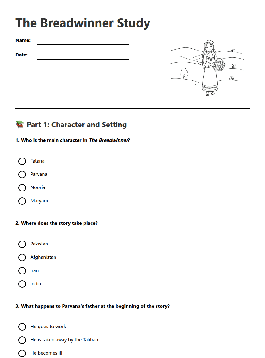 The Breadwinner Study worksheet preview