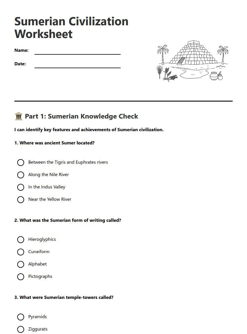 Sumerian Civilization Worksheet worksheet preview