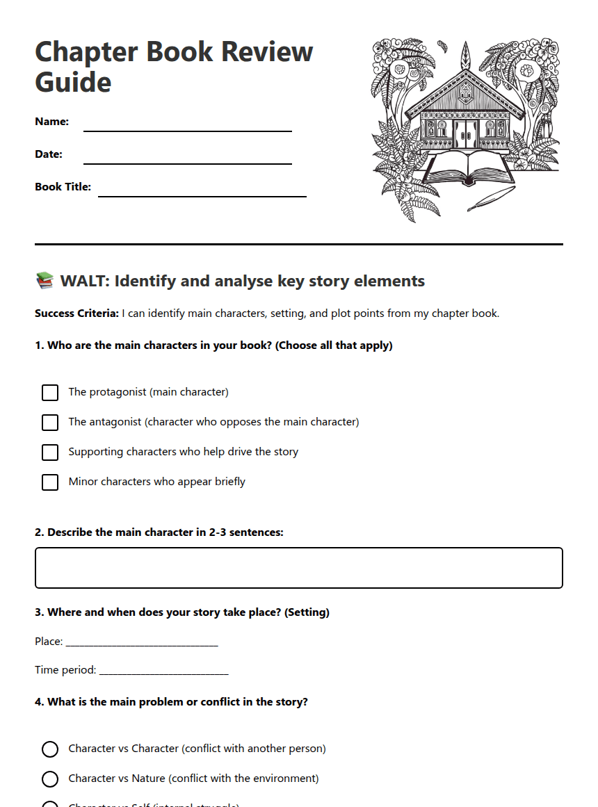 Chapter Book Review Guide worksheet preview