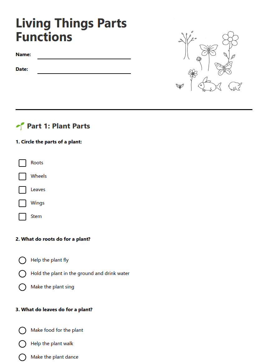 Living Things Parts Functions worksheet preview