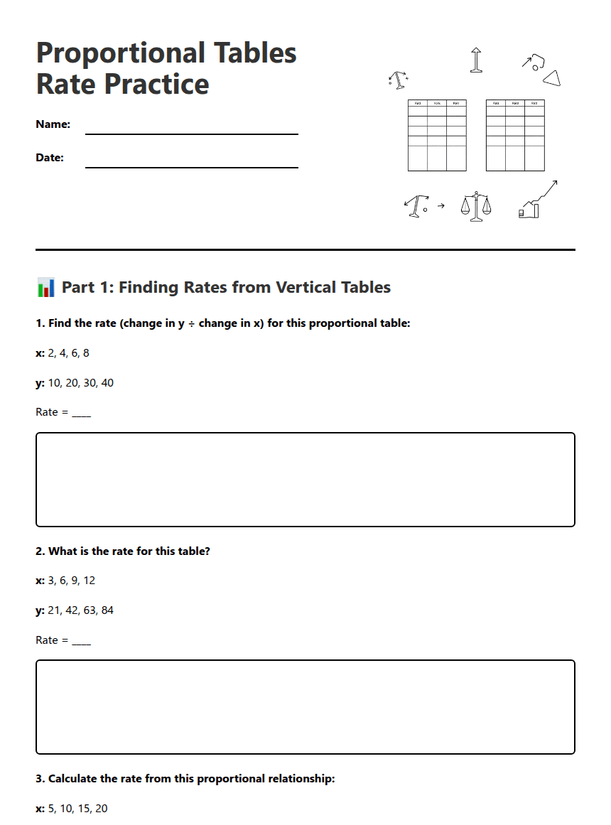 Proportional Tables Rate Practice worksheet preview