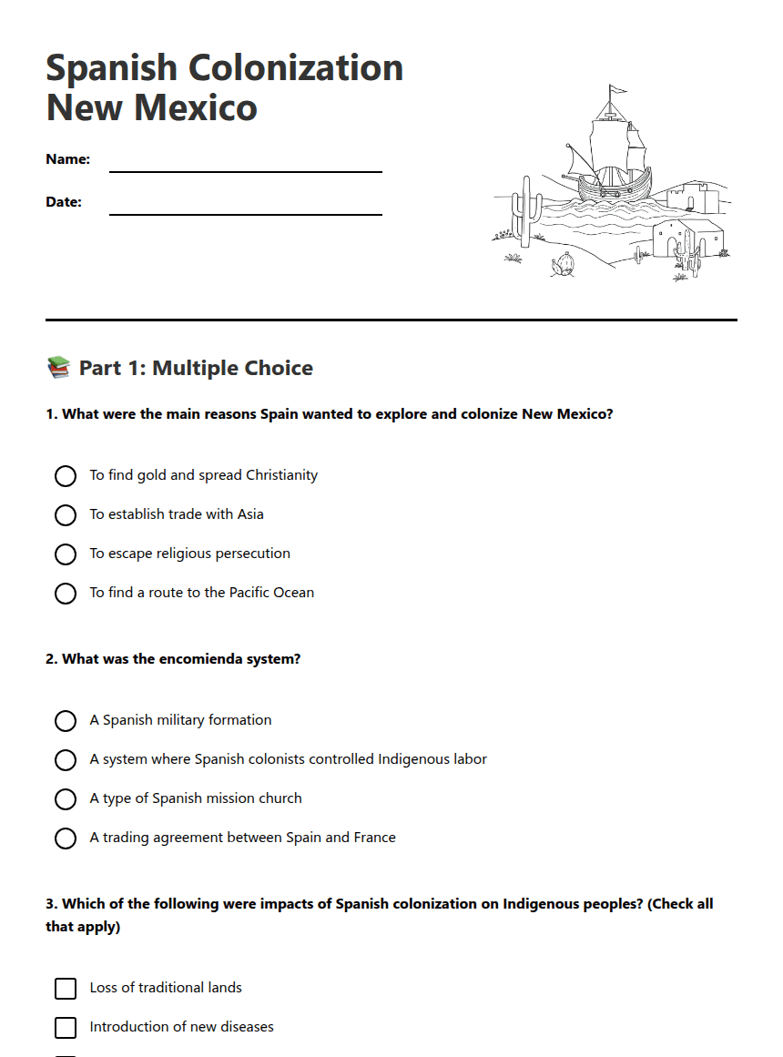 Spanish Colonization New Mexico worksheet preview