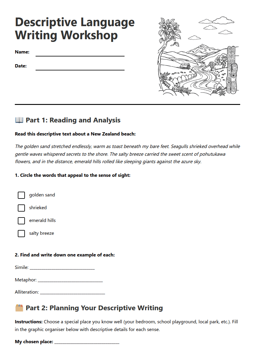 Descriptive Language Writing Workshop worksheet preview