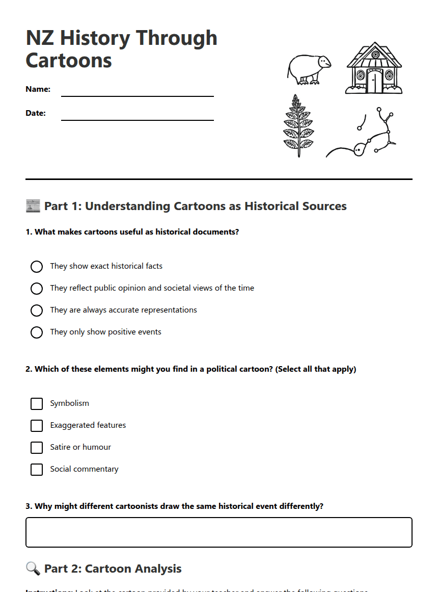 NZ History Through Cartoons worksheet preview