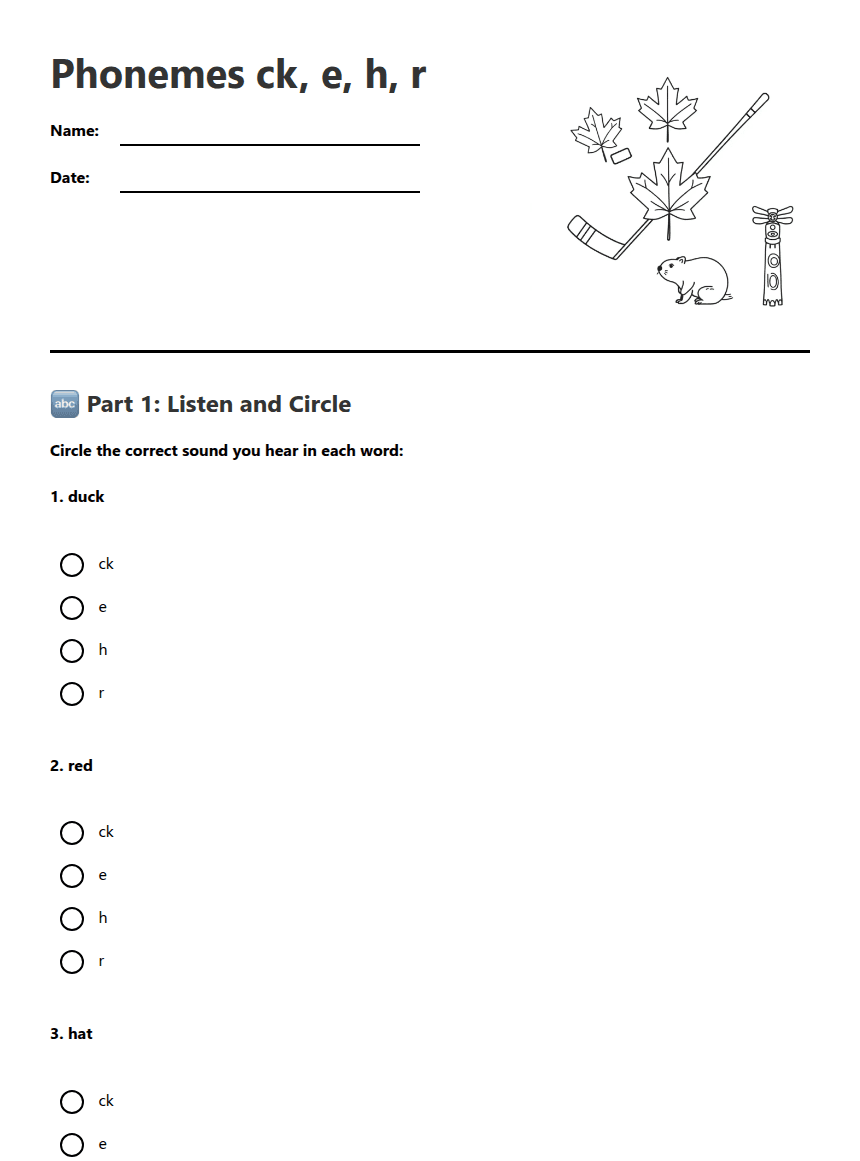Phonemes ck, e, h, r worksheet preview