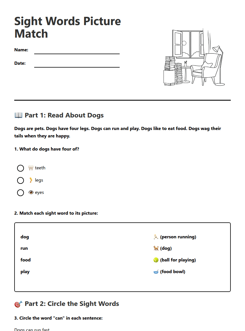Sight Words Picture Match worksheet preview
