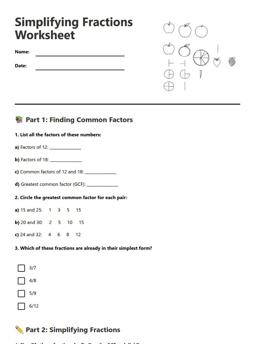 Simplifying Fractions Worksheet