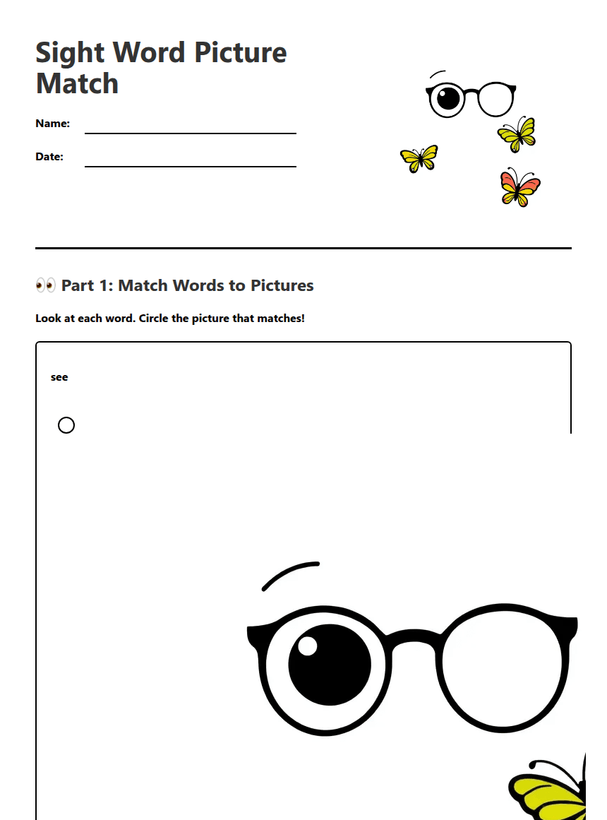 Sight Word Picture Match worksheet preview