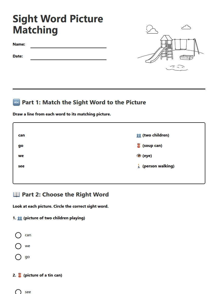Sight Word Picture Matching worksheet preview