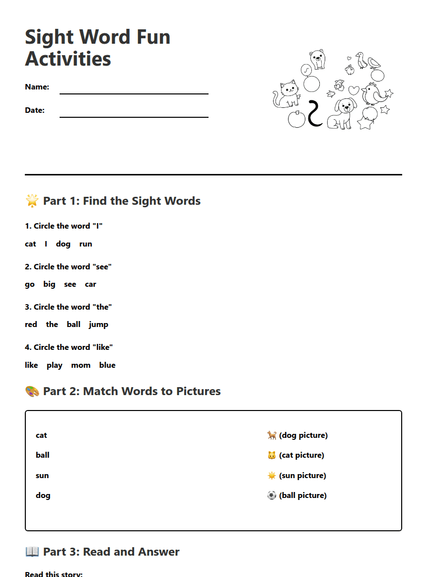 Sight Word Fun Activities worksheet preview