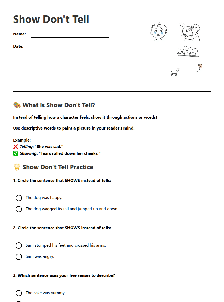 Show Don't Tell worksheet preview